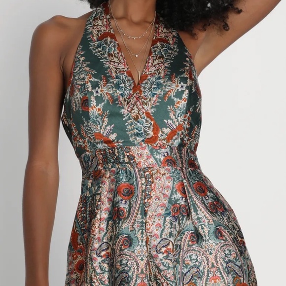 Lulu’s Boho Halter Scarf Print Satin Wide Leg Jumpsuit Green Paisley Medium - Picture 16 of 16